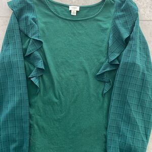 J. CREW Green Long Sleeve Blouse Ruffle-shoulder with plaid sheer sleeves size S